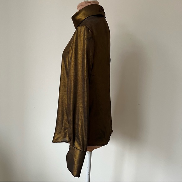 Frame Long Sleeve Gold Mock Neck Lightweight Semi-Sheer Keyhole Blouse EUC Sz XS - Picture 4 of 11